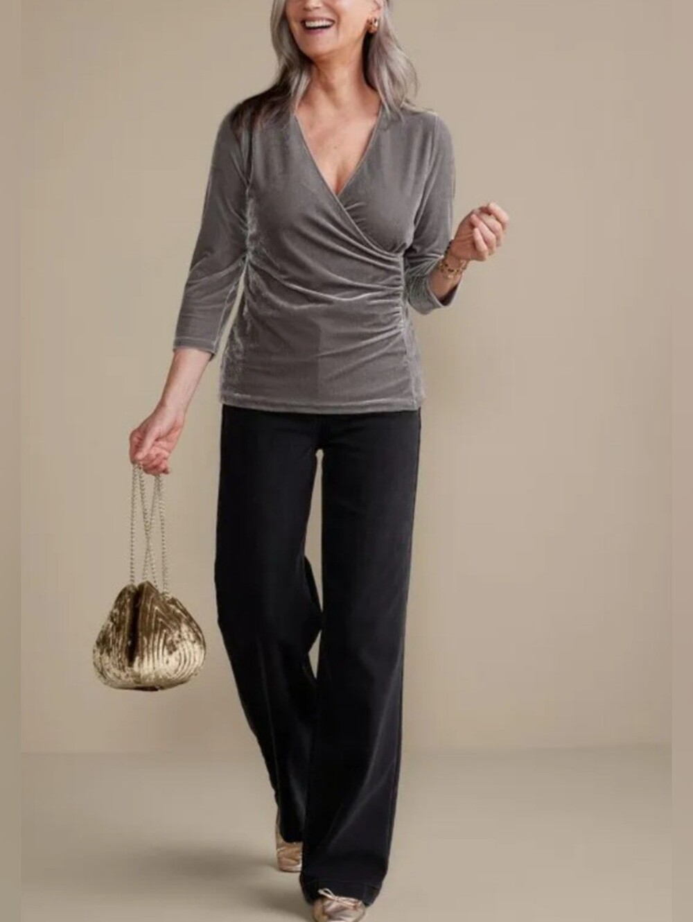 Soft Surroundings Top Gray Velvet Alyssa Stretch Knit Top Shoreline-Size XS